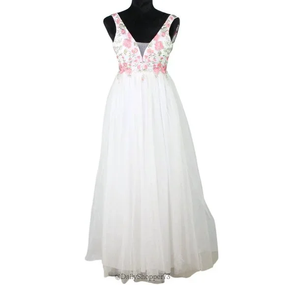 My Michelle | Dresses | My Michelle Juniors Pink Floral Embroidered White  Tulle Sleeveless Gown | Poshmark